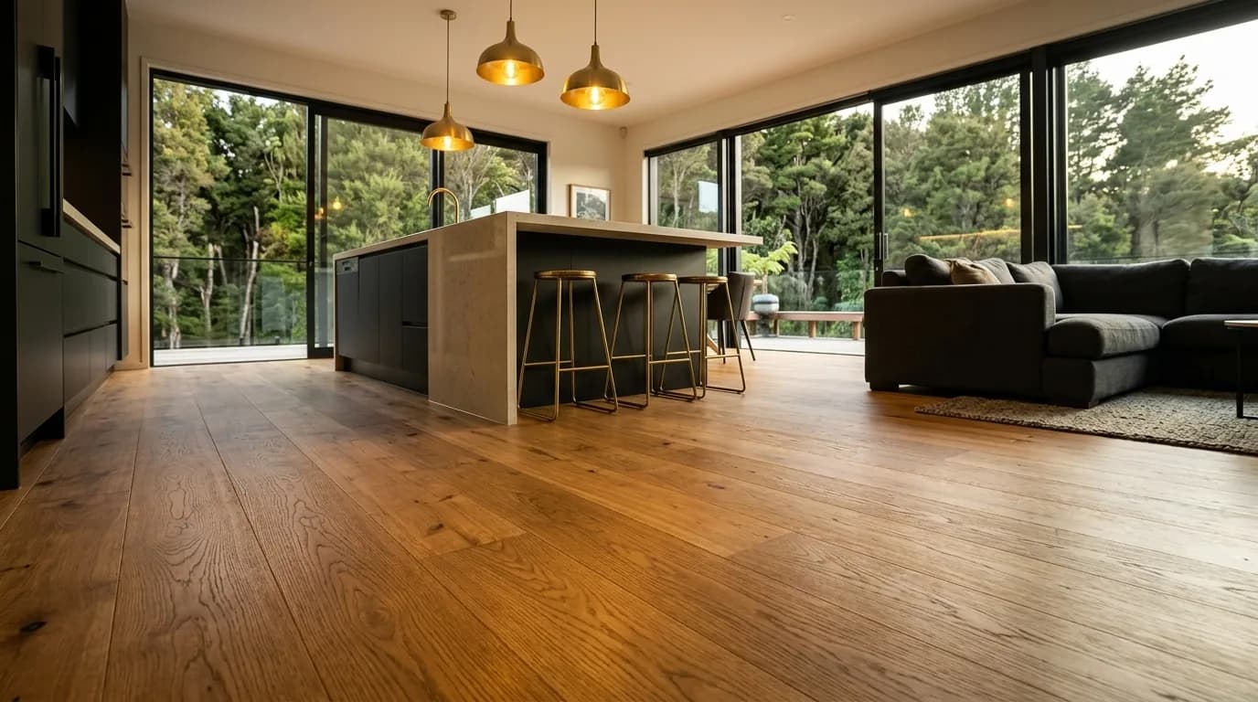 Installed timber-look flooring running through an open-plan living space